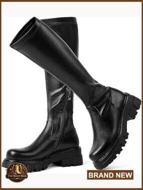 Knee High Boots with Lug Sole Half Zipper Stretch Fit Thick Heel